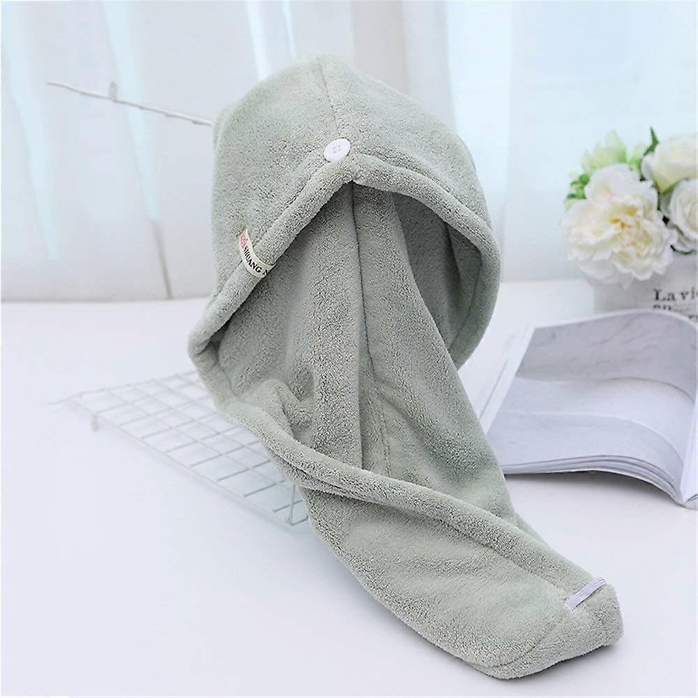 Hair Drying Towel Cap Green Microfiber Quick Moisture Absorption AntiFrizz Wrap with Button