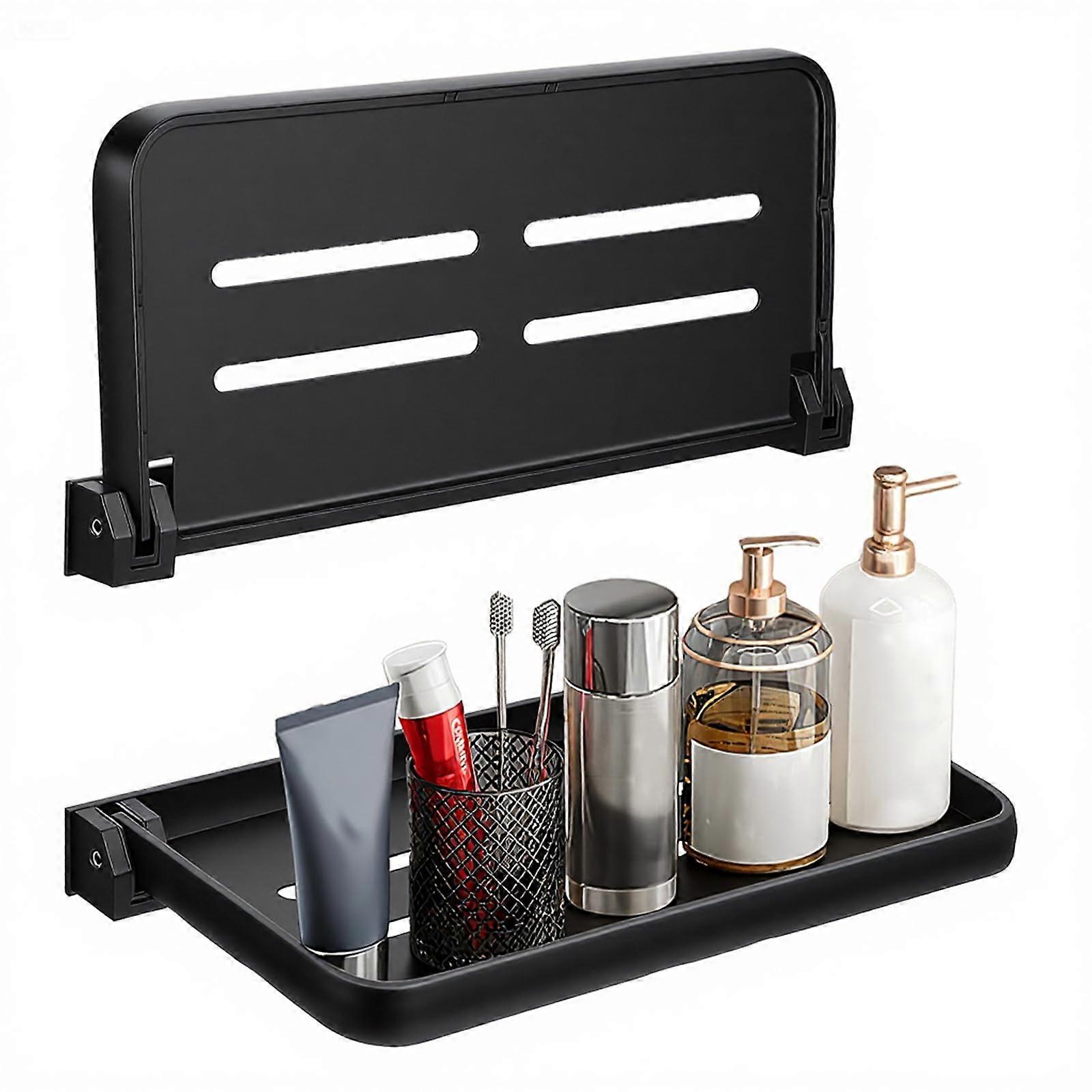 2Pcs Bathroom Wall Shelf No Drill Foldable Rustproof Aluminum Adhesive Storage Rack Black