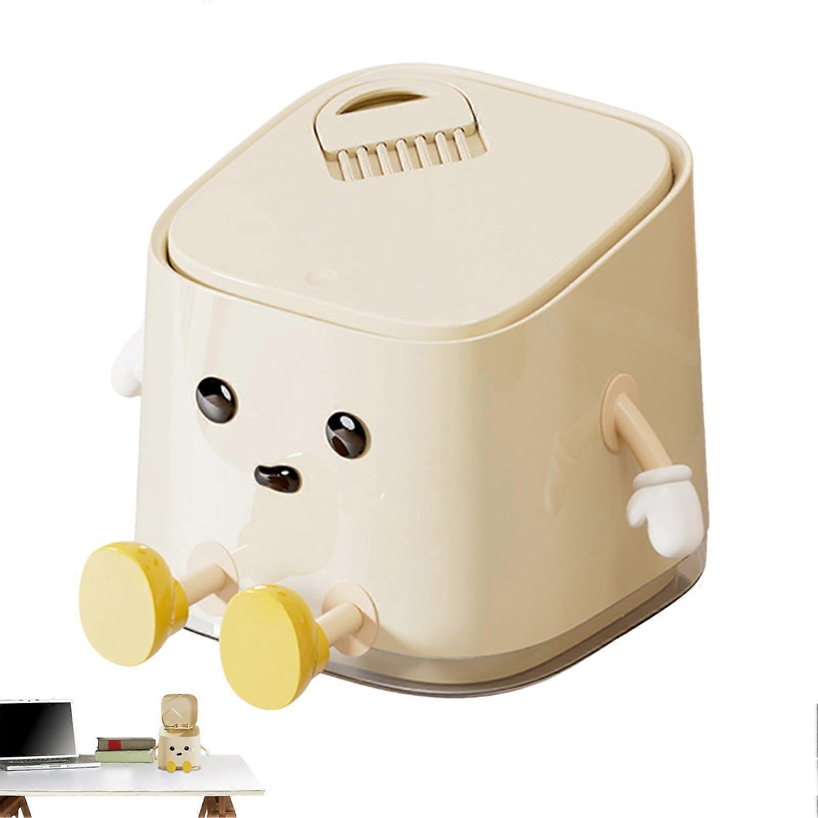 Desktop Trash Can with PushOpen Lid, OdorProof Compact Bin for Office Desk, Cream Finish