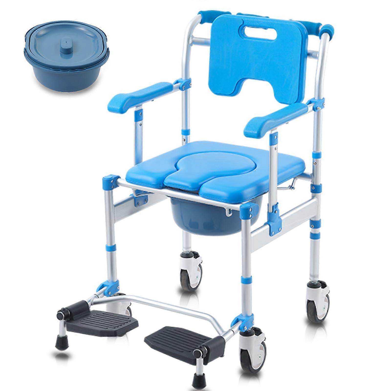 Shower Chair with Wheels and Folding Armrests, Rolling Bedside Commode with Detachable Bucket, 330lbs