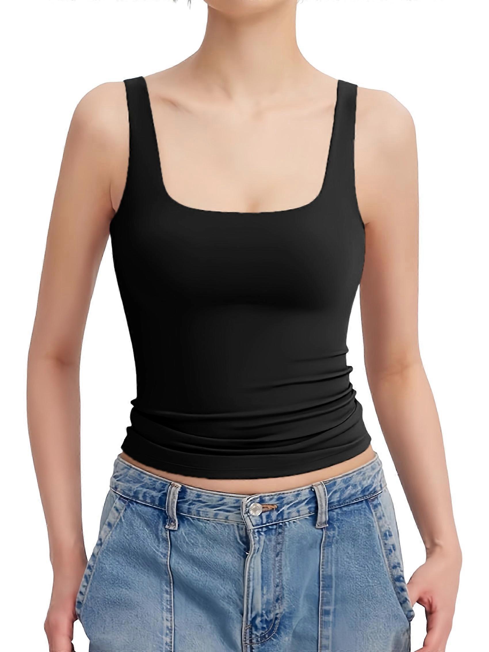 Women'S Square Neck Tank Top Sleeveless Double Lined Basic Tops Black XS