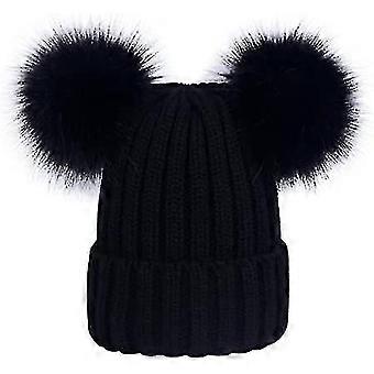 Gorro feminino de tricô com pompom duplo e imitação de pele de raposa para outono e inverno.