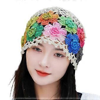 Women Hat Manual Colorful Hollow Out Knitted Flower Crochet Elastic Soft Breathablei