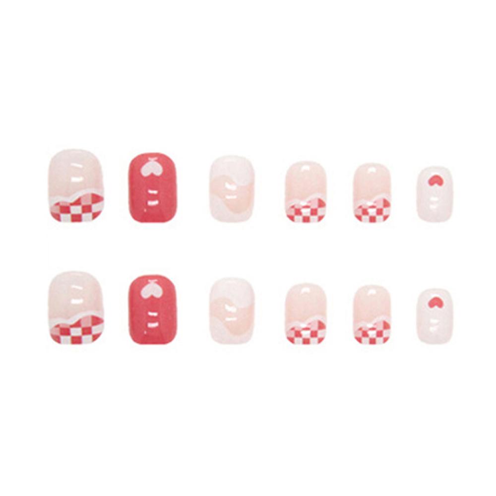 Pink Heart Plaid Artificial Nails Sweet & Charming Reusable False Nails