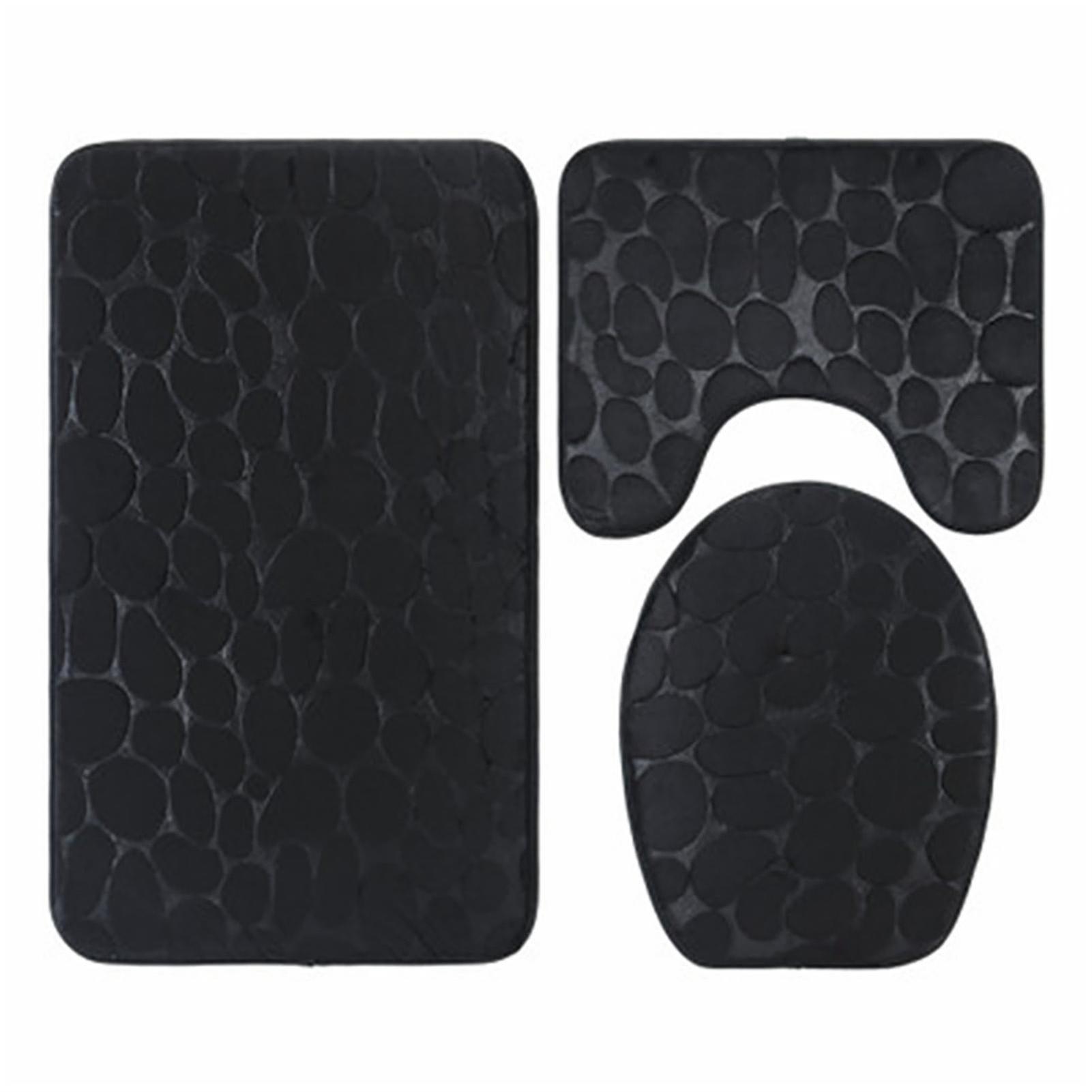 Set of 3 non-slip bath mats with embossed cobblestones for bathroom, black