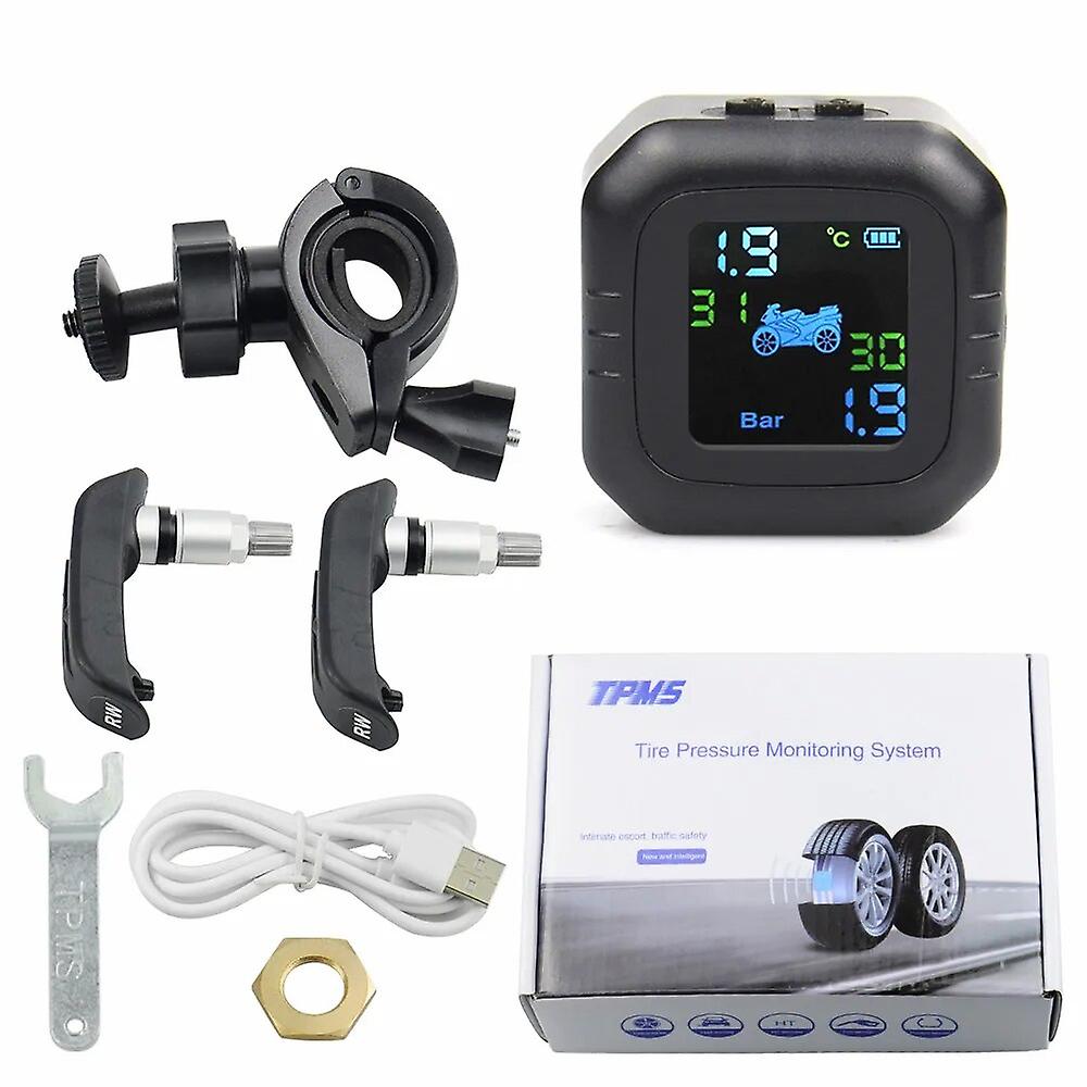 Built-in Solar Motorcycle Tpms Tire Pressuretemperature Monitoring System 2pcs Sensor 5v 6.2bar Usb Active Alarm Time Display