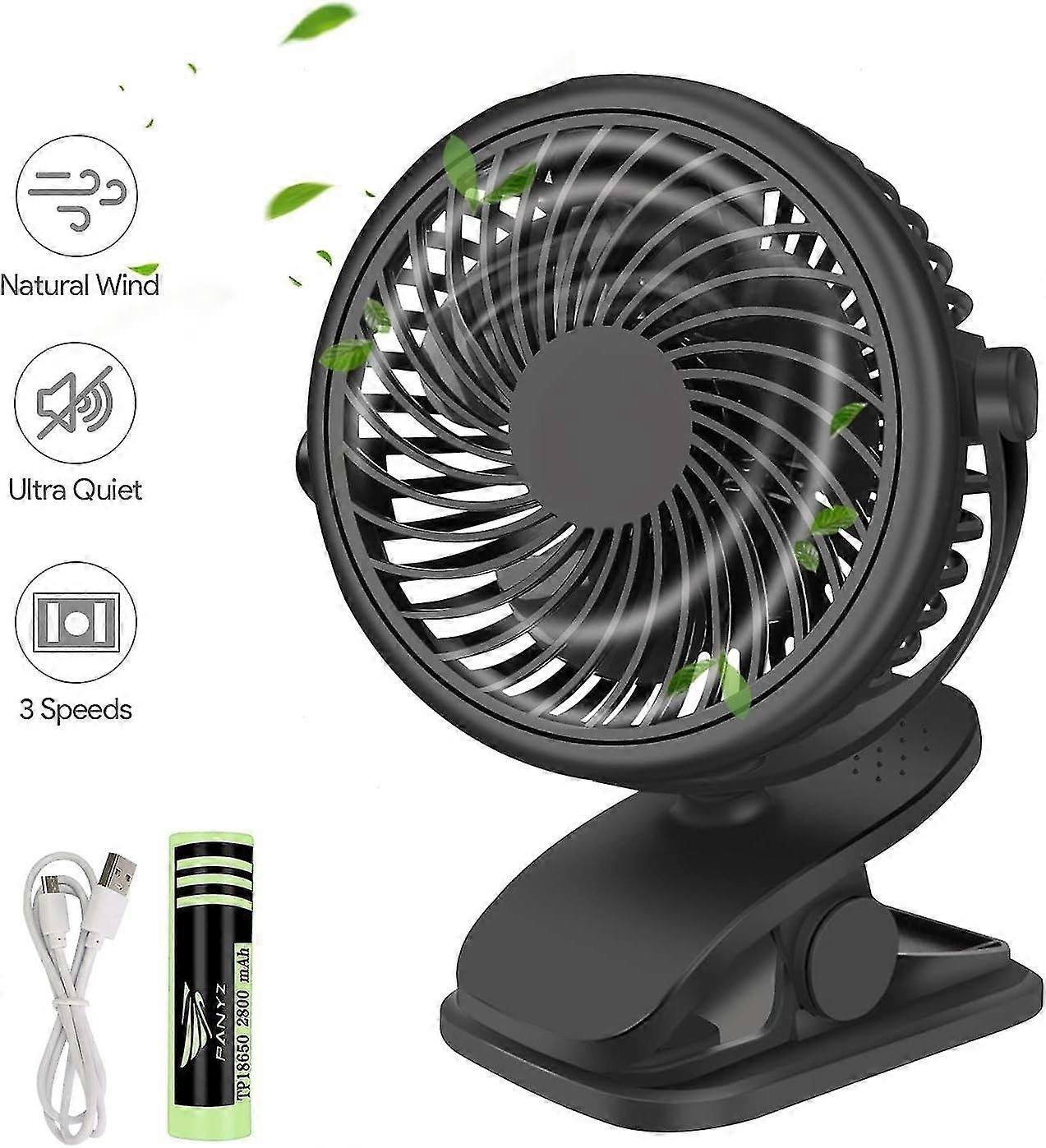 Mini USB Fan, Portable Clip-On Desk Fan with 2800mAh Rechargeable Battery, 3 Speed Levels, 360 Degre