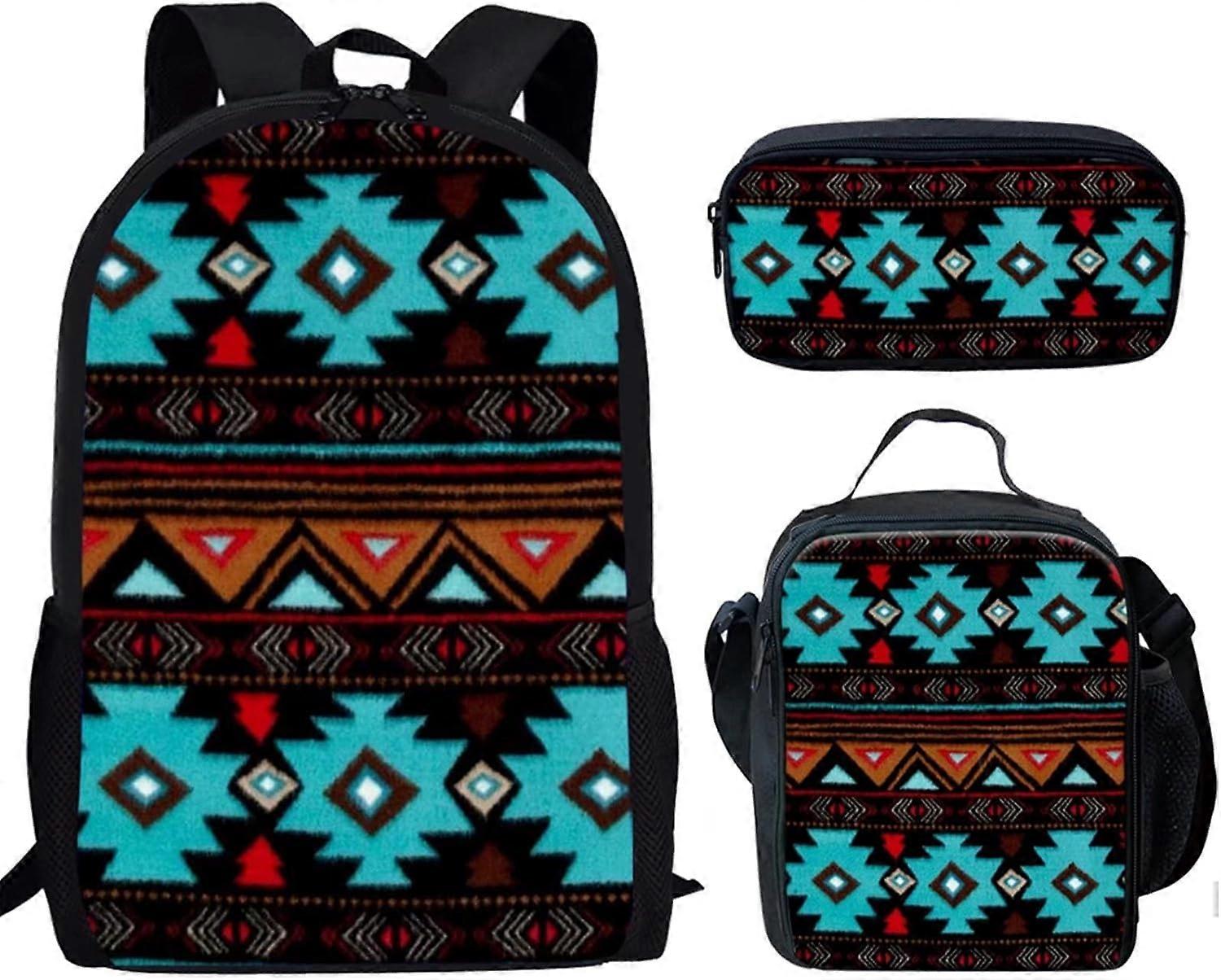 حقيبة ظهر القبلية الهندية الأمريكية نافاجو أزتك مع حقيبة غداء حقيبة قلم رصاص ، طقم حقيبة ظهر للأطفال 3 في 1 للأولاد والبنات