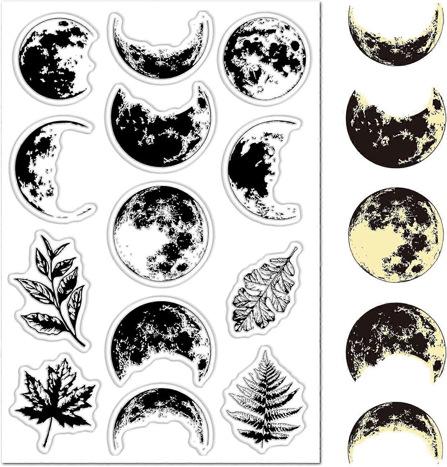 Moon Phase Clear Stamp Vintage Leaves Moonscape Rubber Stamps Reusable Transparent Silicone Seals for Greeting Card Making DIY Gift Scrapbooking Craft
