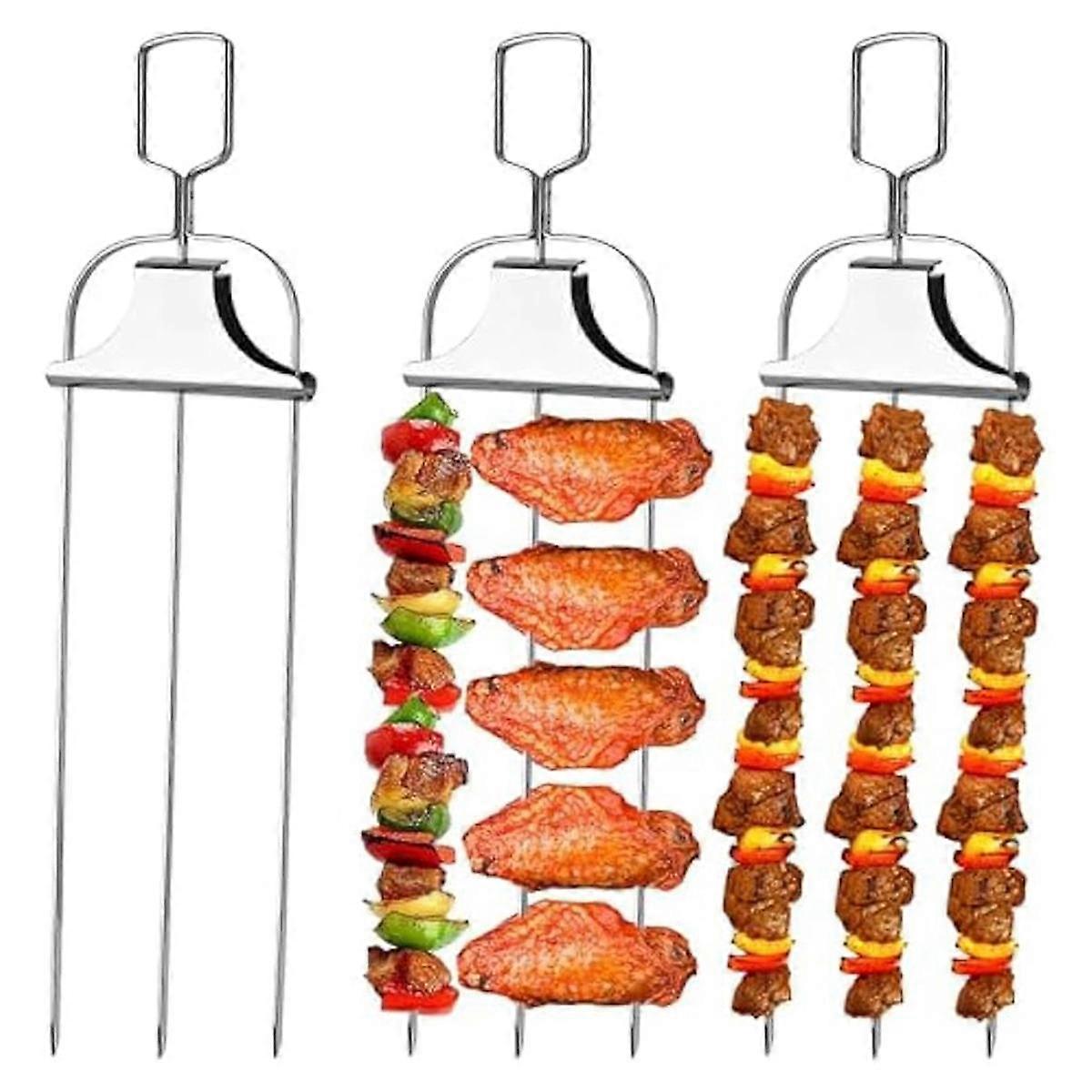3PCS 3- Stainless Steel Kabob Skewers for BBQ with Pusher Slider,for Meat,Chicken,Sausages,Veggies