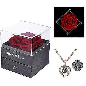 Preserved Real Rose With Love You Necklace In 100 Languages Gift Set