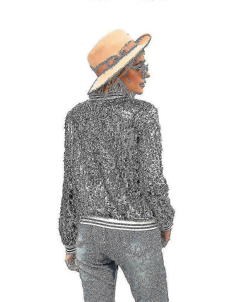 Femmes Sequin Ajusté Manches Longues Zipper Blazer Bomber Jacket A