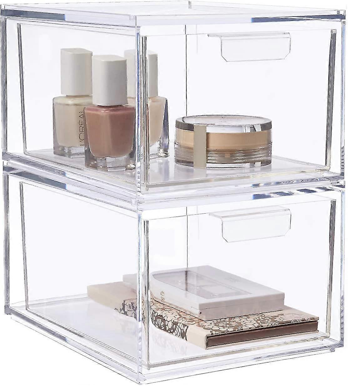 Stackable Cosmetic Organizer Drawers | Set Of 2 Clear$ Stackable Kitchen And Bathroom Acrylic Drawer$ Plastic Stackable Bathroom Storage Box With Pull