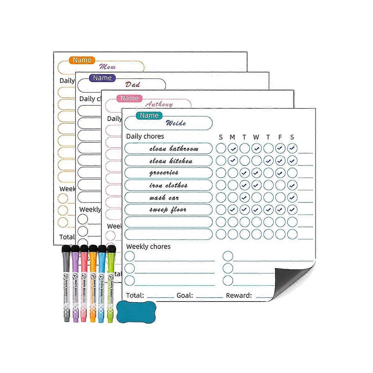 Dry Erase Chore Chart For Kids- 4 Pcs Dry Erase Behavior Charts And 6 Colored Markers With Eraser, Reward Chart