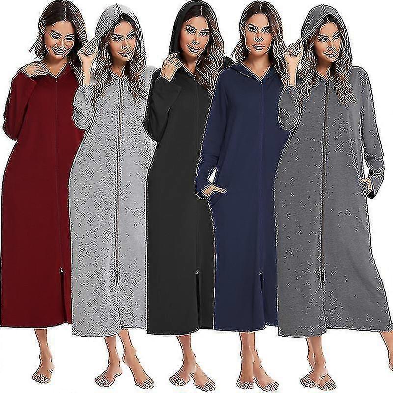Roupão longo feminino com capuz e zíper, sobretudo longo com bolso sólido, roupa de dormir