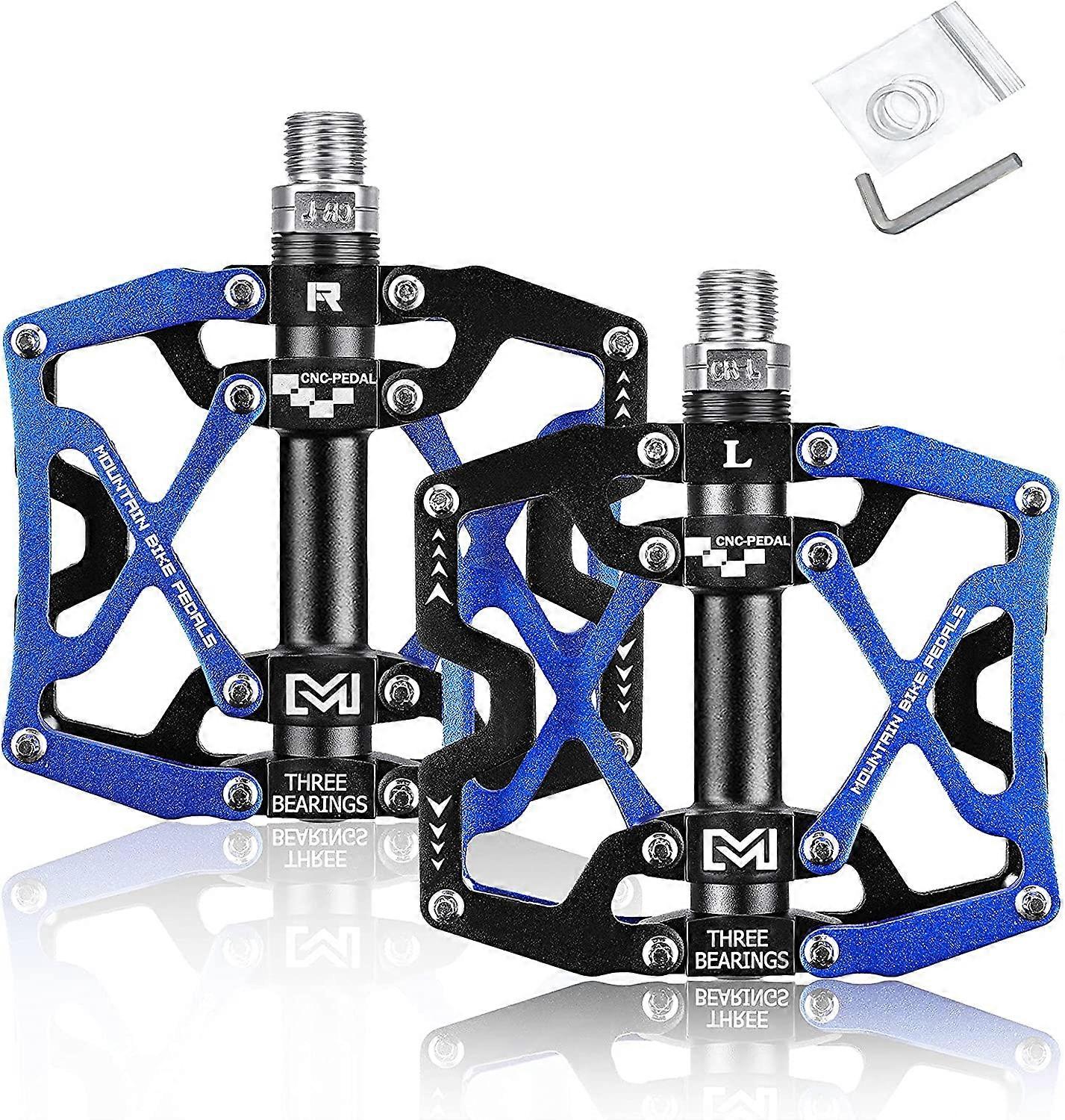 Bike Pedals, MTB Flat Pedals CNC Aluminum Body Platform Diameter 9/16 Inch for MTB Cycling Road BikeBlack Blue