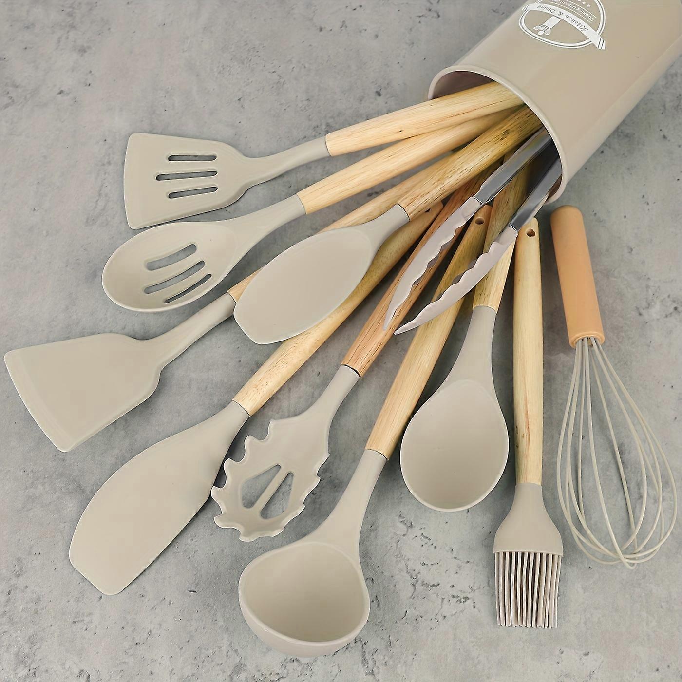 12pcs/set, Silicone Utensil Set, Kitchen Utensil Set, Safety Cooking Utensils Set, Non-Stick Cooking Utensils Set With Wooden Handle, Washable Modern