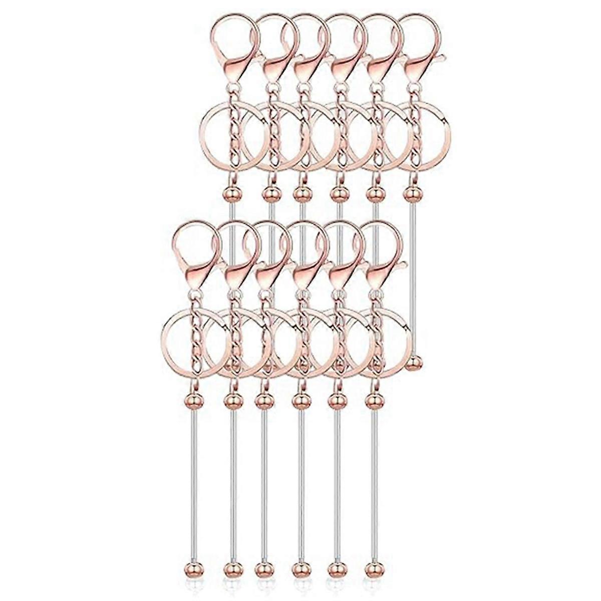 12 Pcs Beadable Keychain Bars for Beads Blank Keychain Metal Beaded Keychain for Keychain, Rose Gol