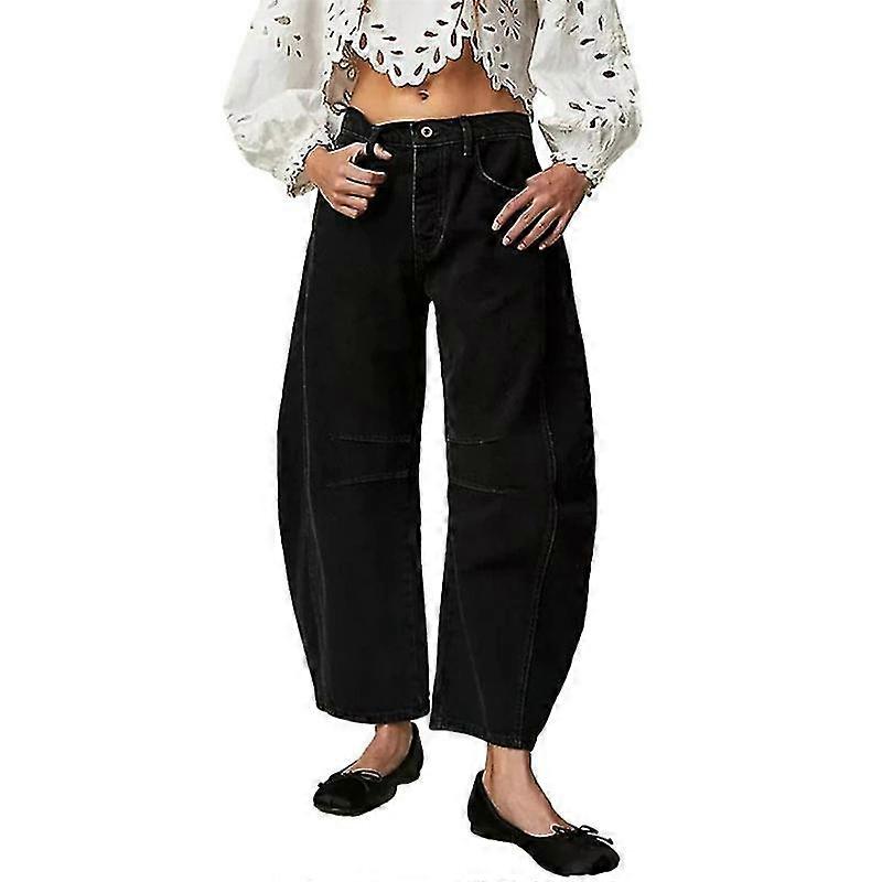 ג'ינס רחב רגל אישה מזדמנים מותניים נמוכים כיסי ג'ינס חבית קצוצה באגי ג'ינס