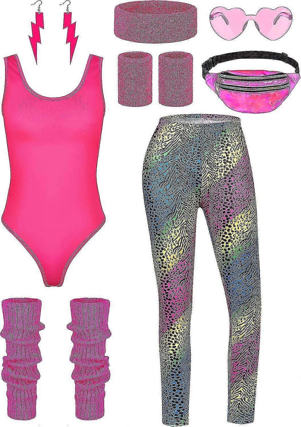 8-osainen naisten 80-luvun treeniasu, halloween- ja 90-luvun asusteet, trikootit, vyölaukku, lasit, pääpanta, säärystimet