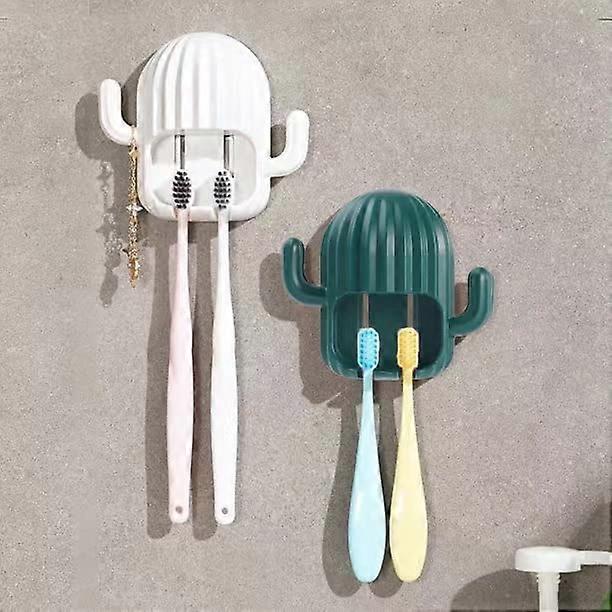 2 Pcs Cactus Toothbrush Holder Wall-Mounted White/Dark Green
