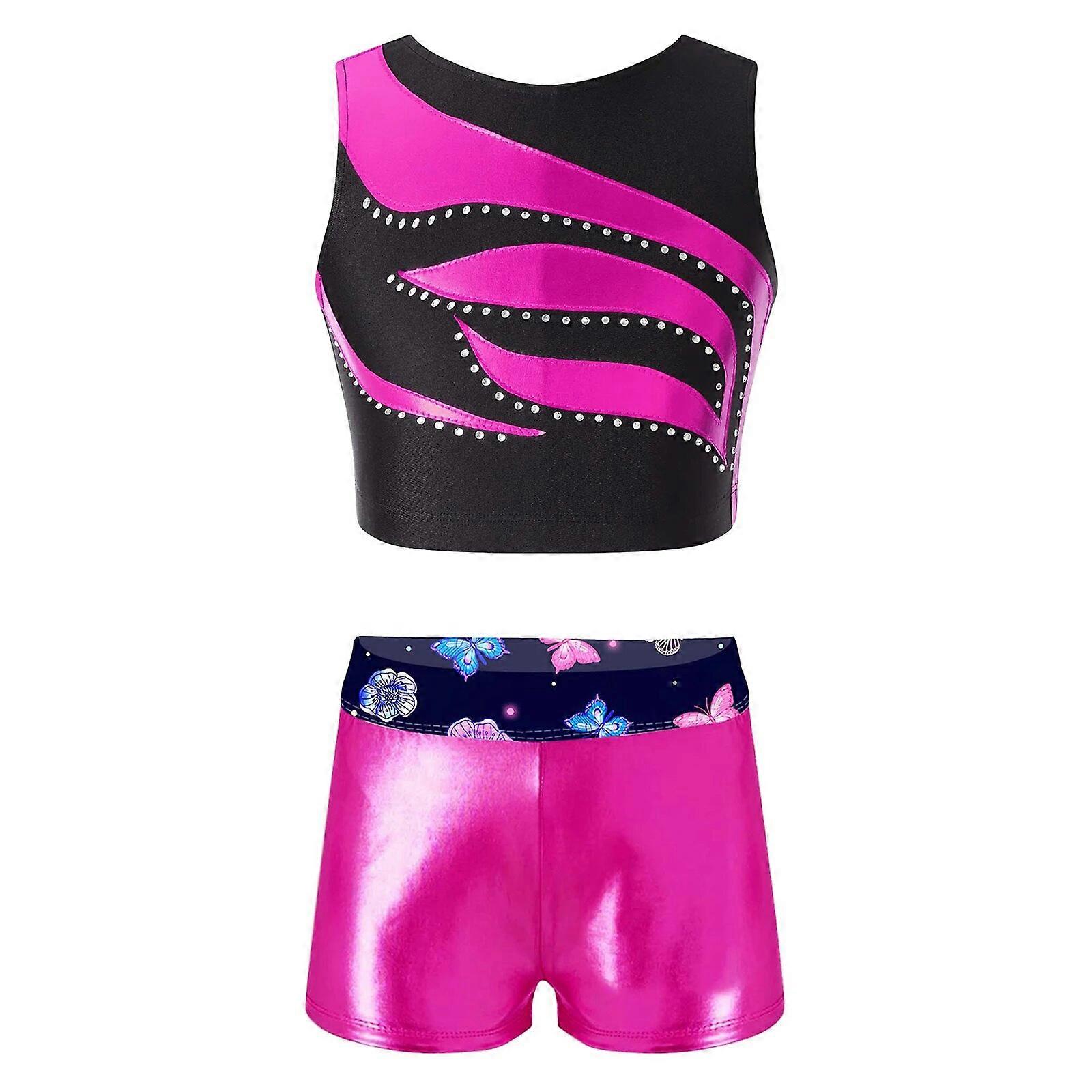 어린이 발레 재즈 댄스 의상 메탈릭 크롭 탑과 반바지 투피스 키즈 걸스 힙합 의류 세트 퍼포먼스 댄스웨어
