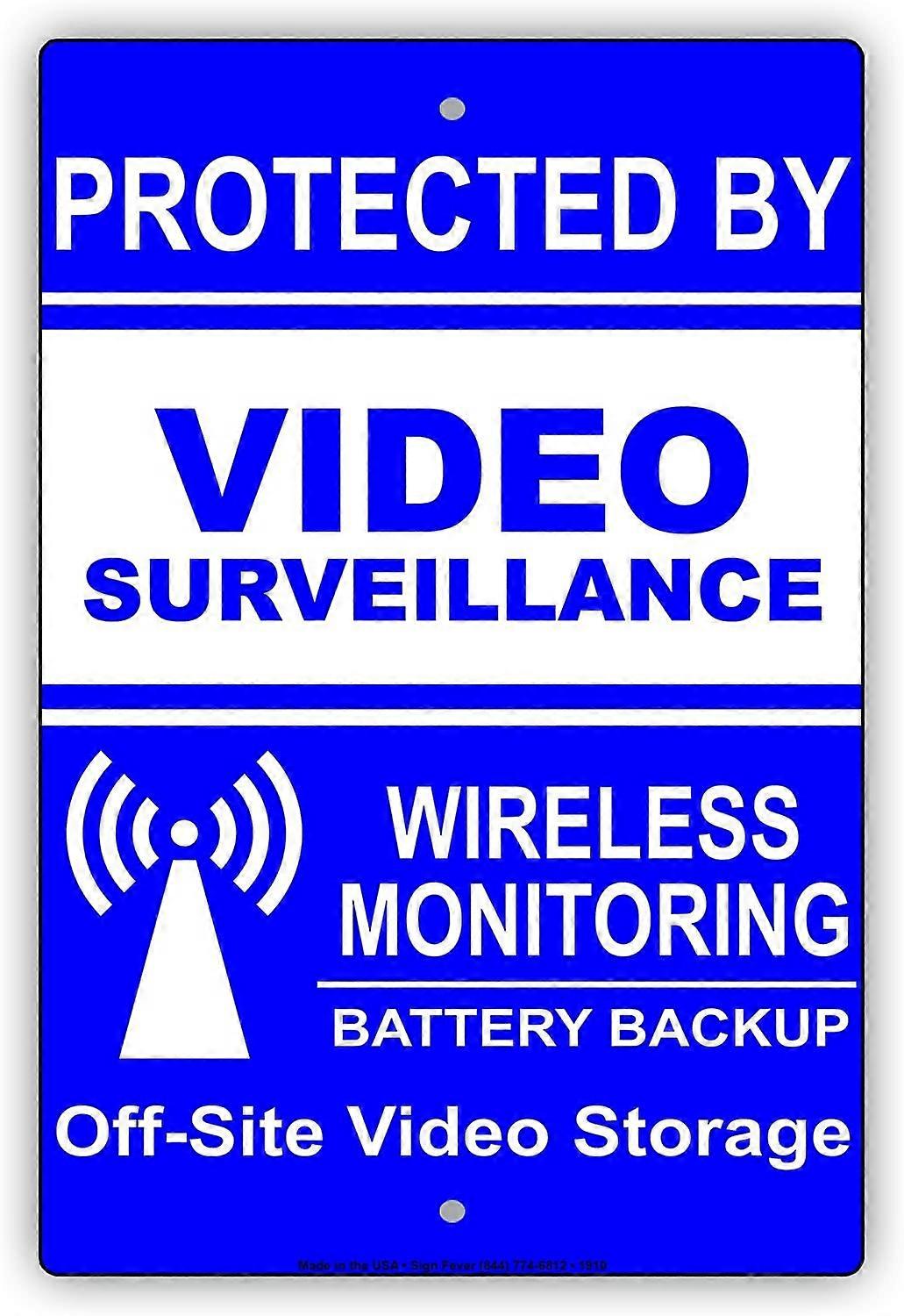 Μπλε Λευκό Proctected από Video Surveillance Ασύρματη παρακολούθηση Μπαταρία Backup Off-Site Video Storage Προειδοποίηση Ειδοποίηση Αλουμίνιο μεταλλικό κασσίτερο 8 "x12" Sign Pl