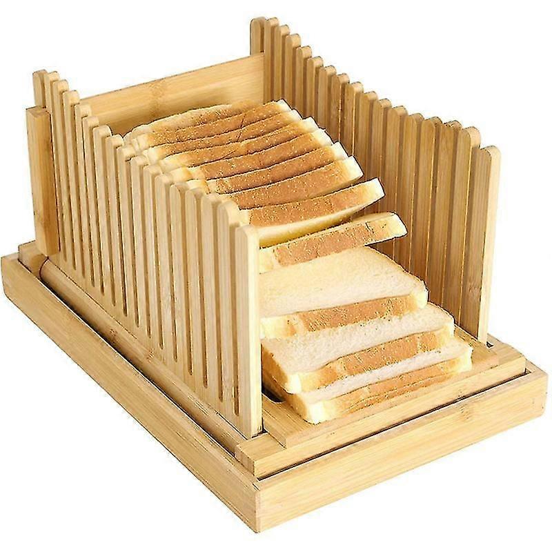 Foldable Bamboo Bread Slicer, Adjustable Bread Slicing Guide With Crumb Catcher Tray,3 Different Thicknesses