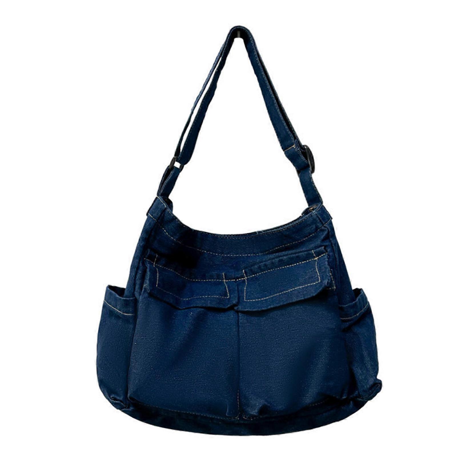 Large Capacity Japanese Style Crossbody Bag Women's Vintage Shoulder Bag with Multiple Pockets for Outdoor School Deep Blue