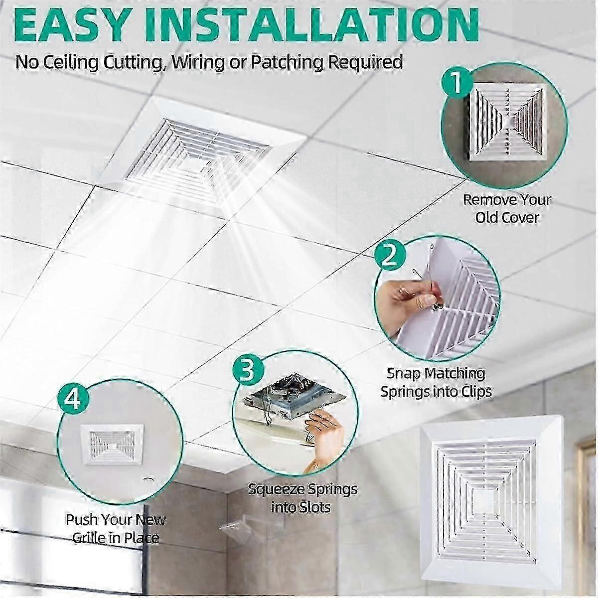 12x12 Inch Bathroom Exhaust Fan Cover – Square Ceiling Grille, ABS Plastic With Spring Clips, Tool-Free Installation, White