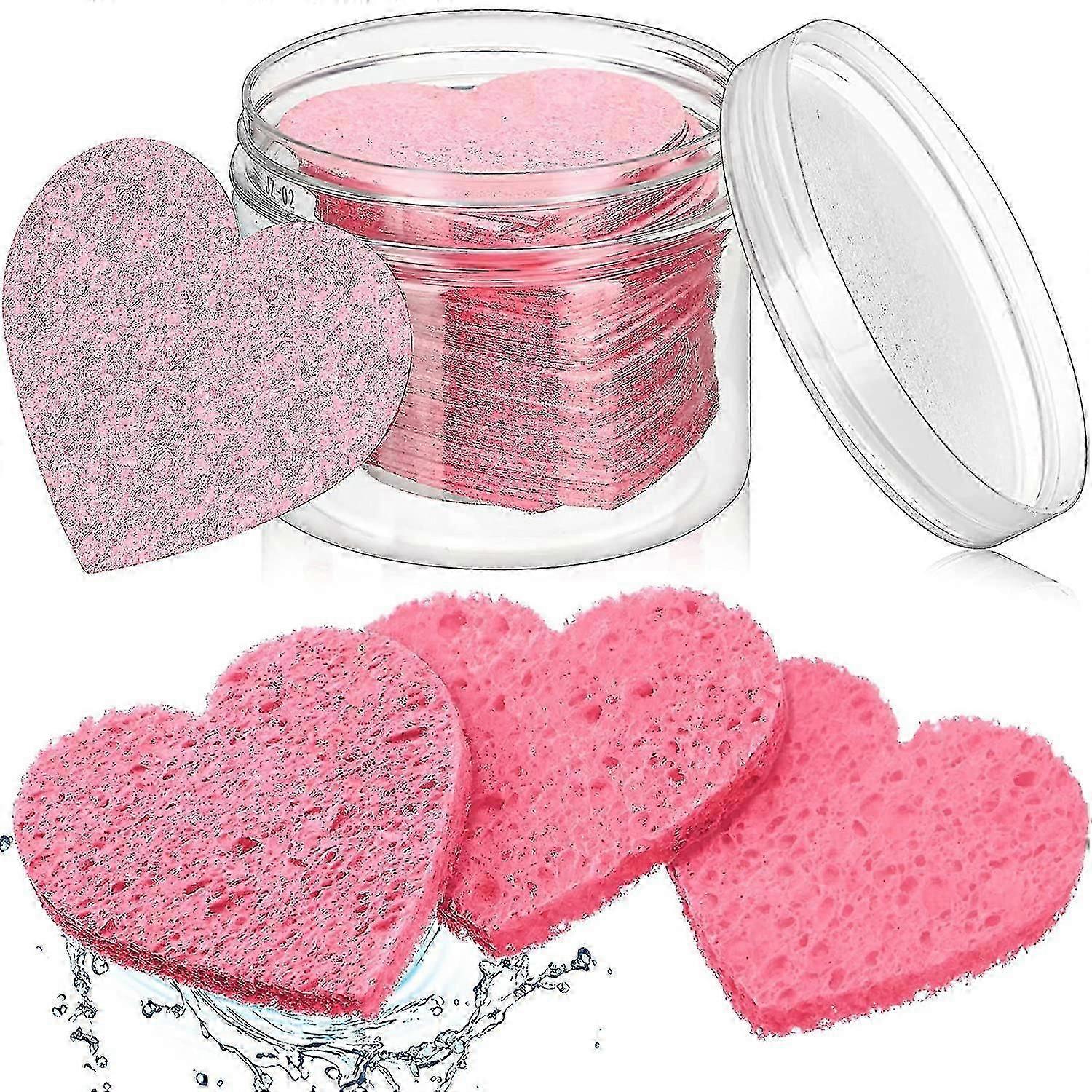 60 قطعة من الإسفنج المضغوط للوجه على شكل قلب ، وسادات وجه طبيعية قابلة لإعادة الاستخدام مع حقيبة تخزين ، إسفنج مستحضرات التجميل الوردي