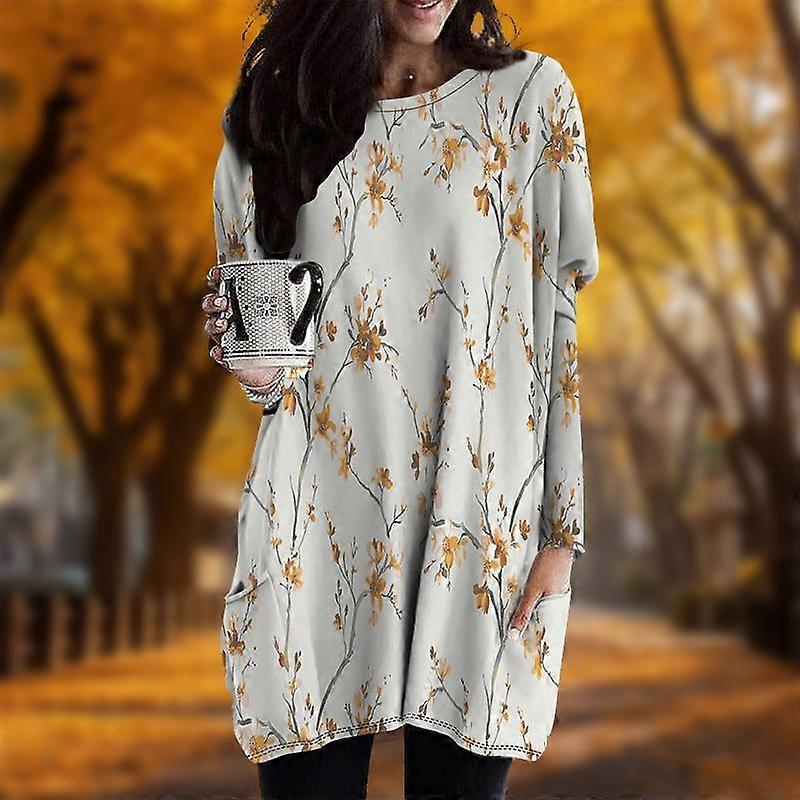 New In Autumn Elegant Plum Blossom Print Plus Size Dress Women O'neck Long  Sleeves Casual Pocket Dresses | Fruugo ES