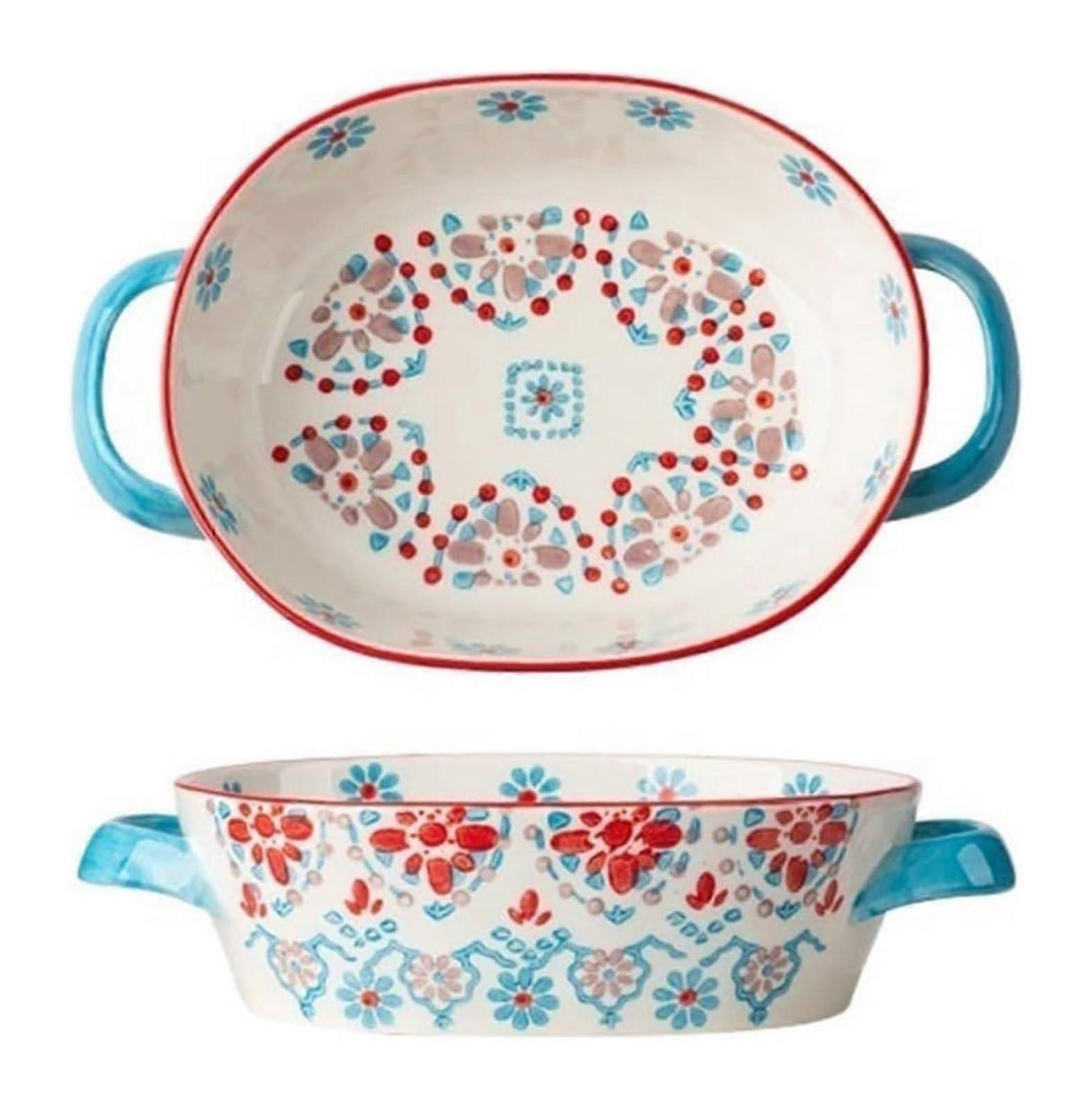 Ceramic Underglaze Dinnerware, High-Temp Baking Tray, Double-Ear Soup Plate, Fruit Plate, Blue, Home Use