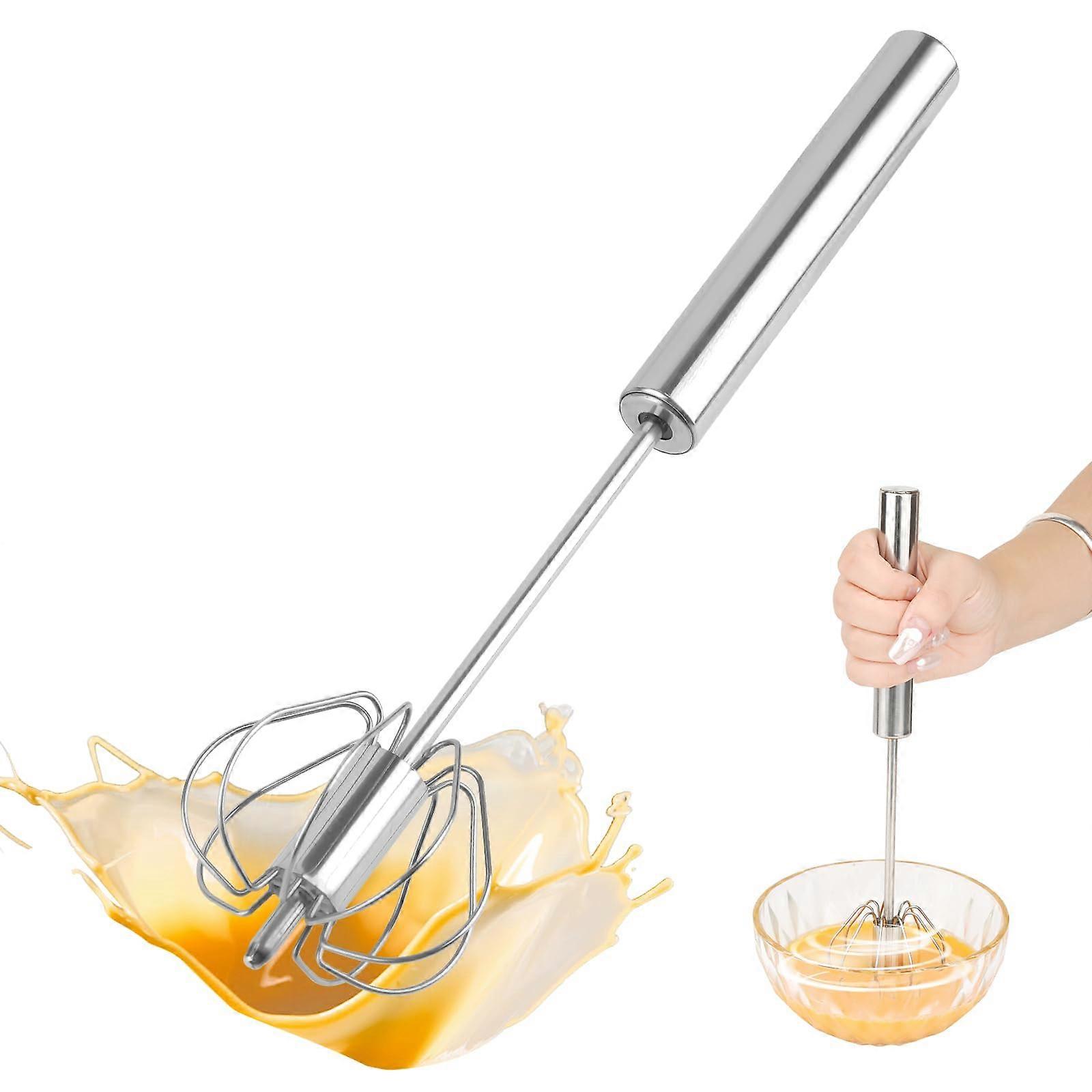 Stainless Steel Semi-Automatic Whisk, 10-Inch Rotating Push Mixer Stirrer for Beating and Stirring in Kitchen