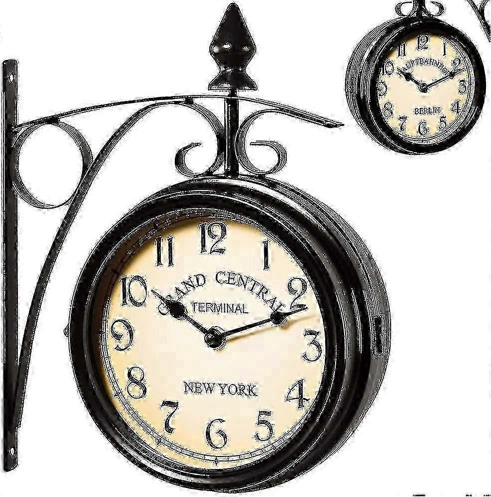 Vintage Black Design Two-Sided Station Wall Clock with Watch Function Edition 0617