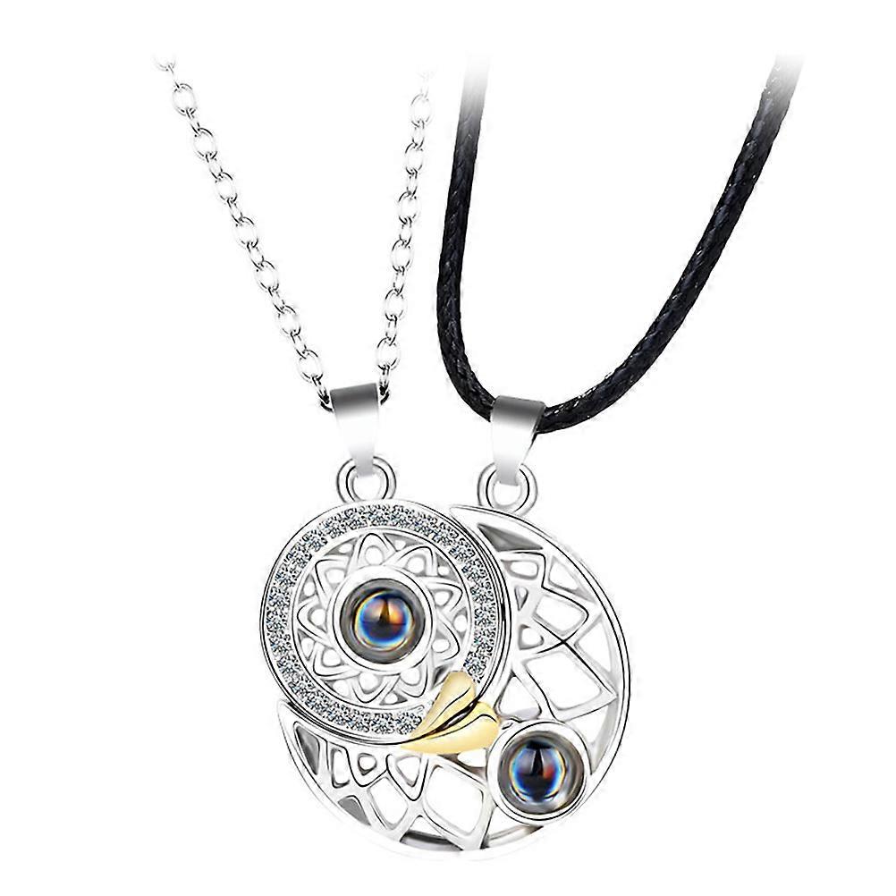 Silver Sun and Moon Matching Necklaces for Couples with Projection Function 2.6x2.4cm 1Set