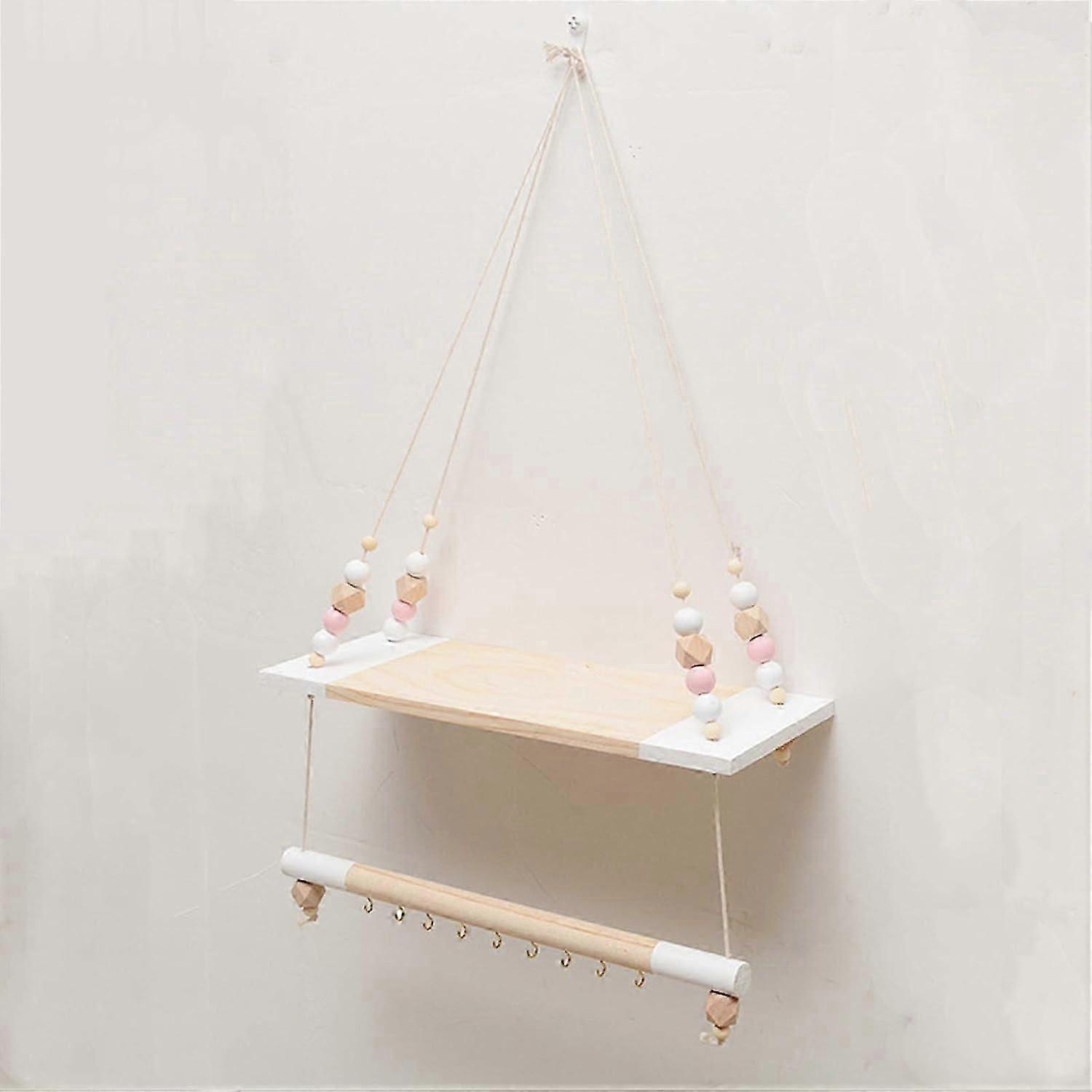 Wall Shelf Floating Shelf Wooden Stand with Hanger Hooks Swing Hanging Wall Shelf Wall Board Nursery Decor (White)
