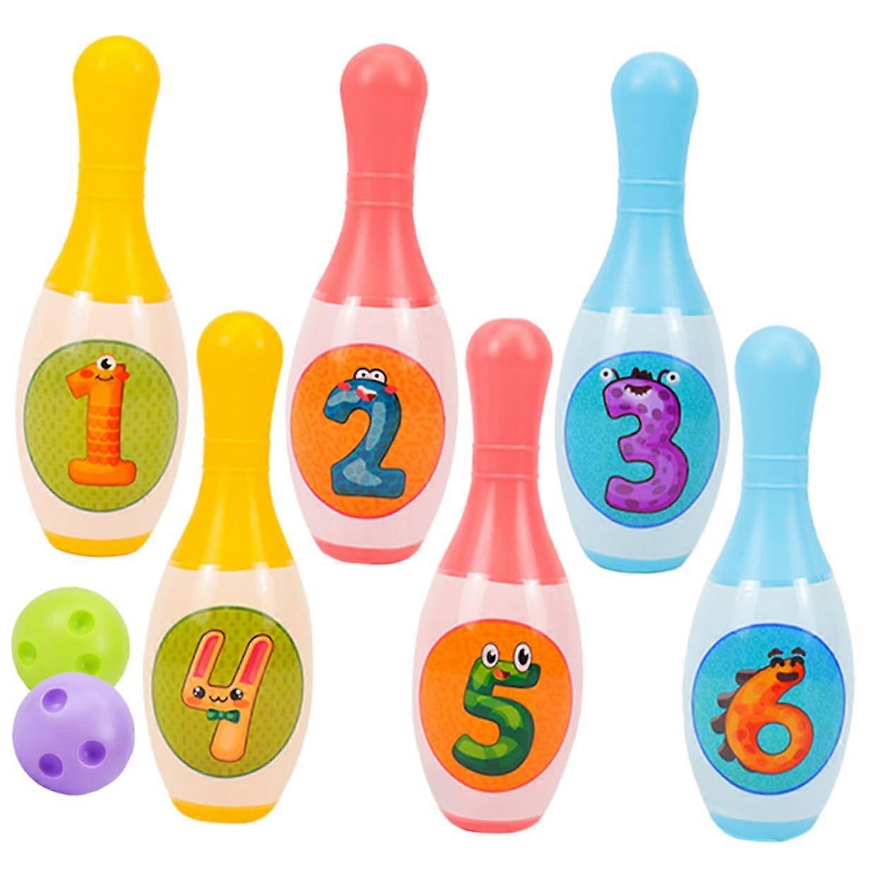 1 set of bowling pins game with bowling balls for indoor and outdoor use as a learning toy for interactive activities.