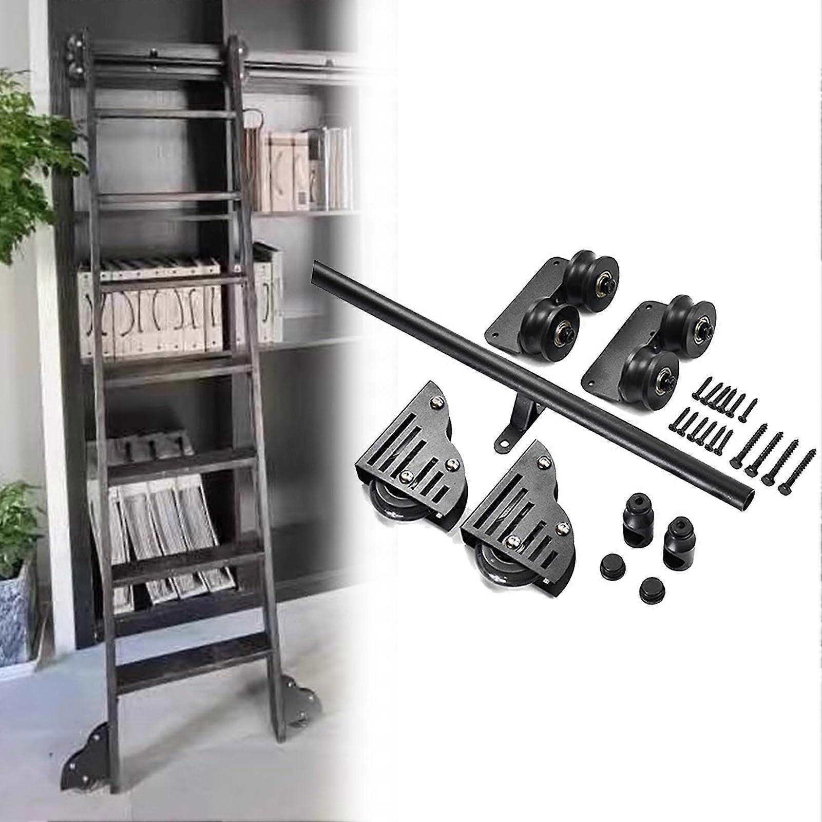 Black Sliding Ladder Library Hardware Kit – 100–732 cm Mobile Track System with Adjustable Floor Casters (244cm Track Set)