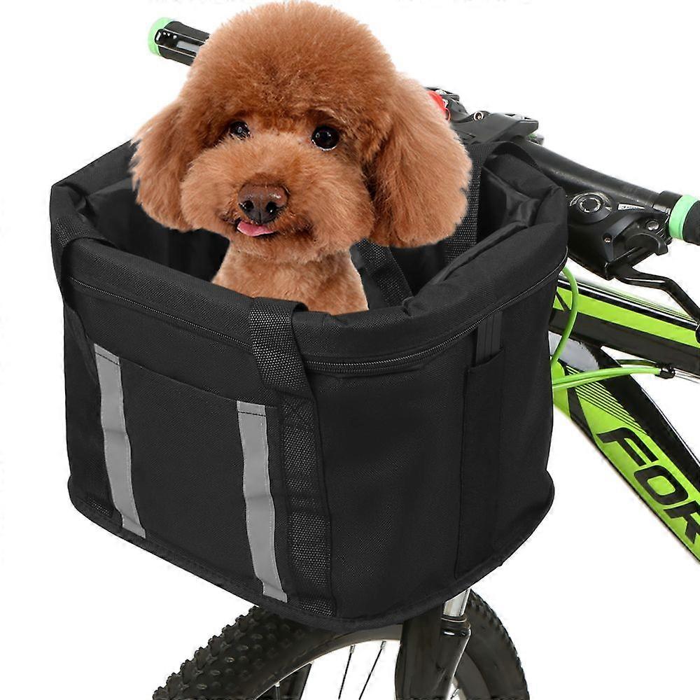 Folding Bike Basket with Reflective Strips Detachable Handlebar Front Basket Pet Cat Dog Carrier Bag Commuting Shopping HandbagYMQX)