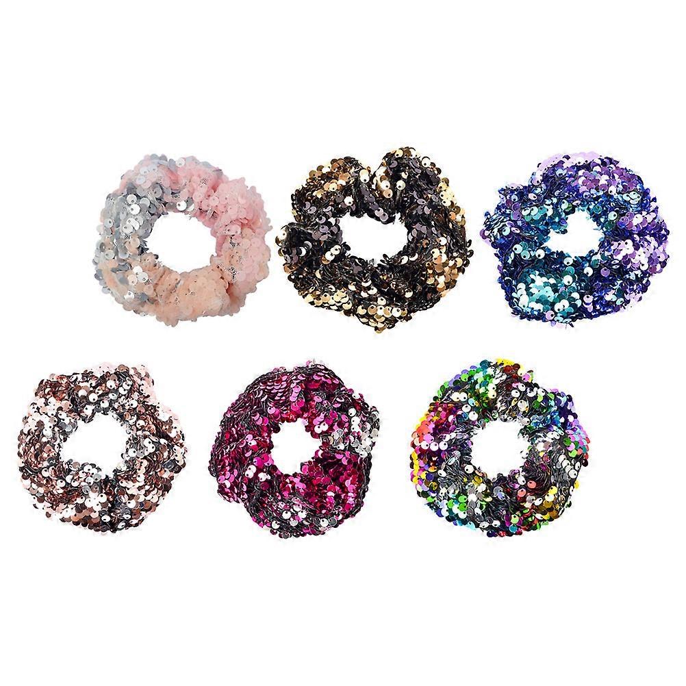 Here's a polished and professional product description based on your input:
 
**6pcs Sequin Hair Scrunchies – Random Color Style Elastic Hair Bands