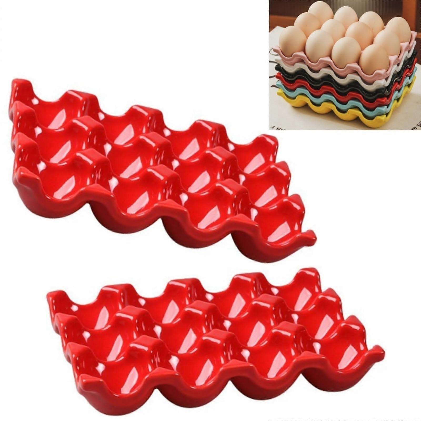 Ceramic Egg Holder Set of 2, Non-Slip Egg Storage Box for Refrigerator, Kitchen Countertop Organizer, Decorative Egg Container in Red