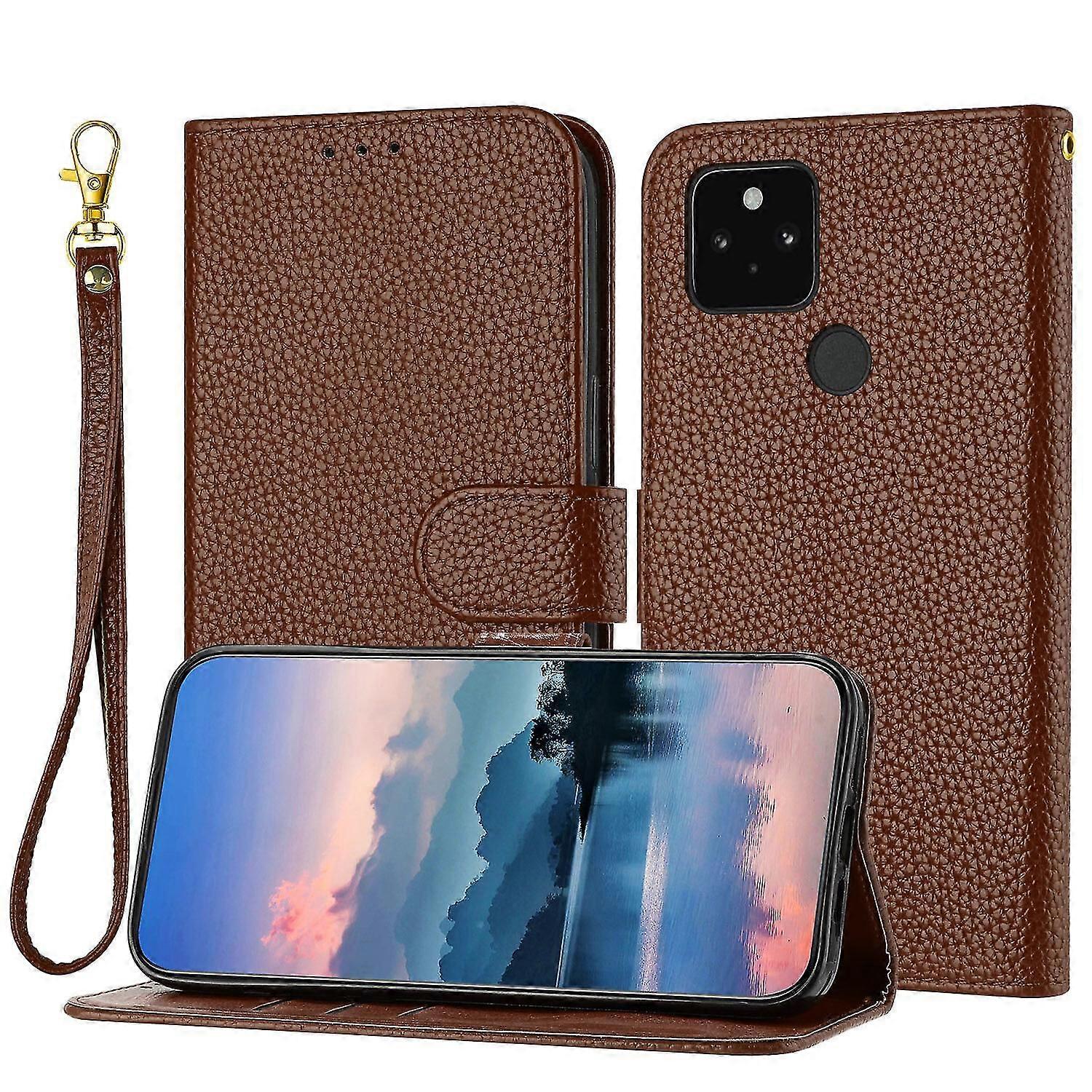 For Google Pixel 5 Case, Litchi Grain PU Leather Folio Cover Magnetic Closure Flip Wallet Card Slots Stand Case With Hand Strap