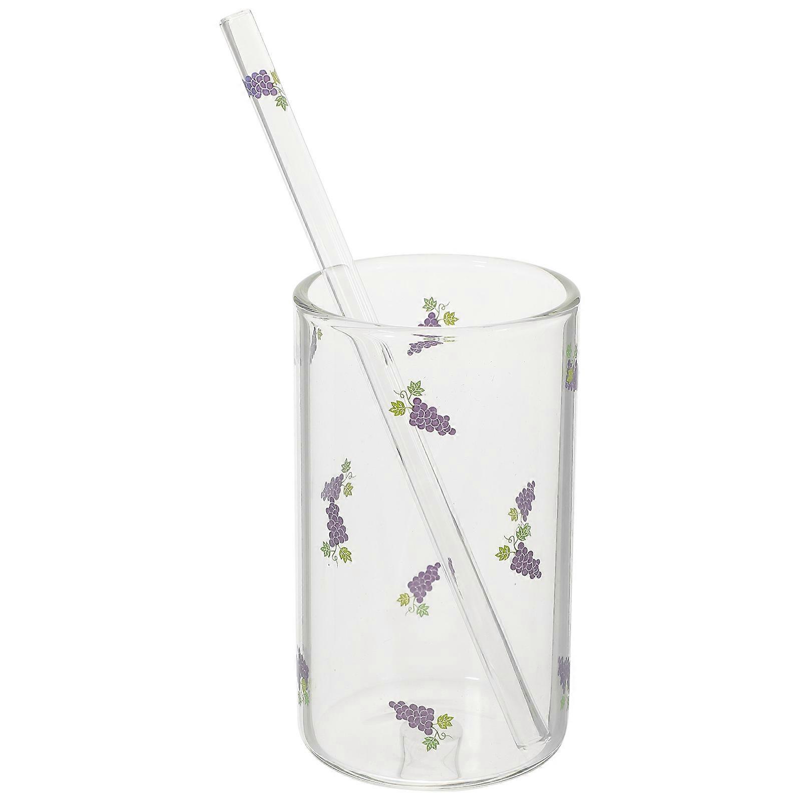 Grape Print Heat Resistant Glass Cup with Straw Stylish Household Drinking Tumbler for Home or Friends, Any Occasion