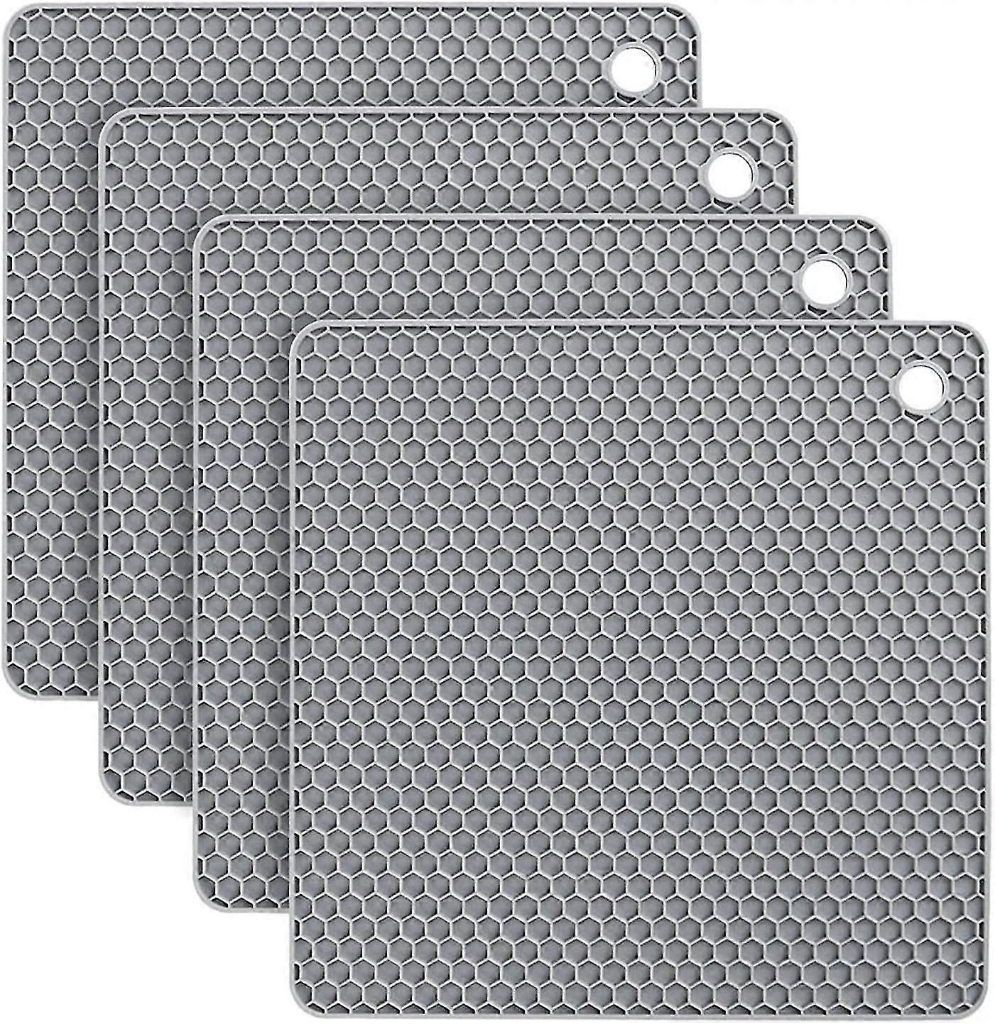 Silicone Table Mat, 4PCS Silicone Trivet Non-Slip, 18CM Honeycomb Kitchen Table Pad Multi-Purpose Hot Pads, Spoon Rest, Cooking & Dining (Square-Grey)
