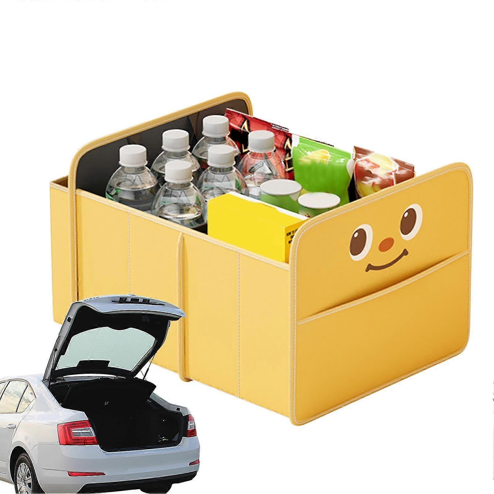 Car Trunk Storage Box Foldable Organizer made of PU Leather for SUV, Truck, Sedan with Side Pocket Yellow