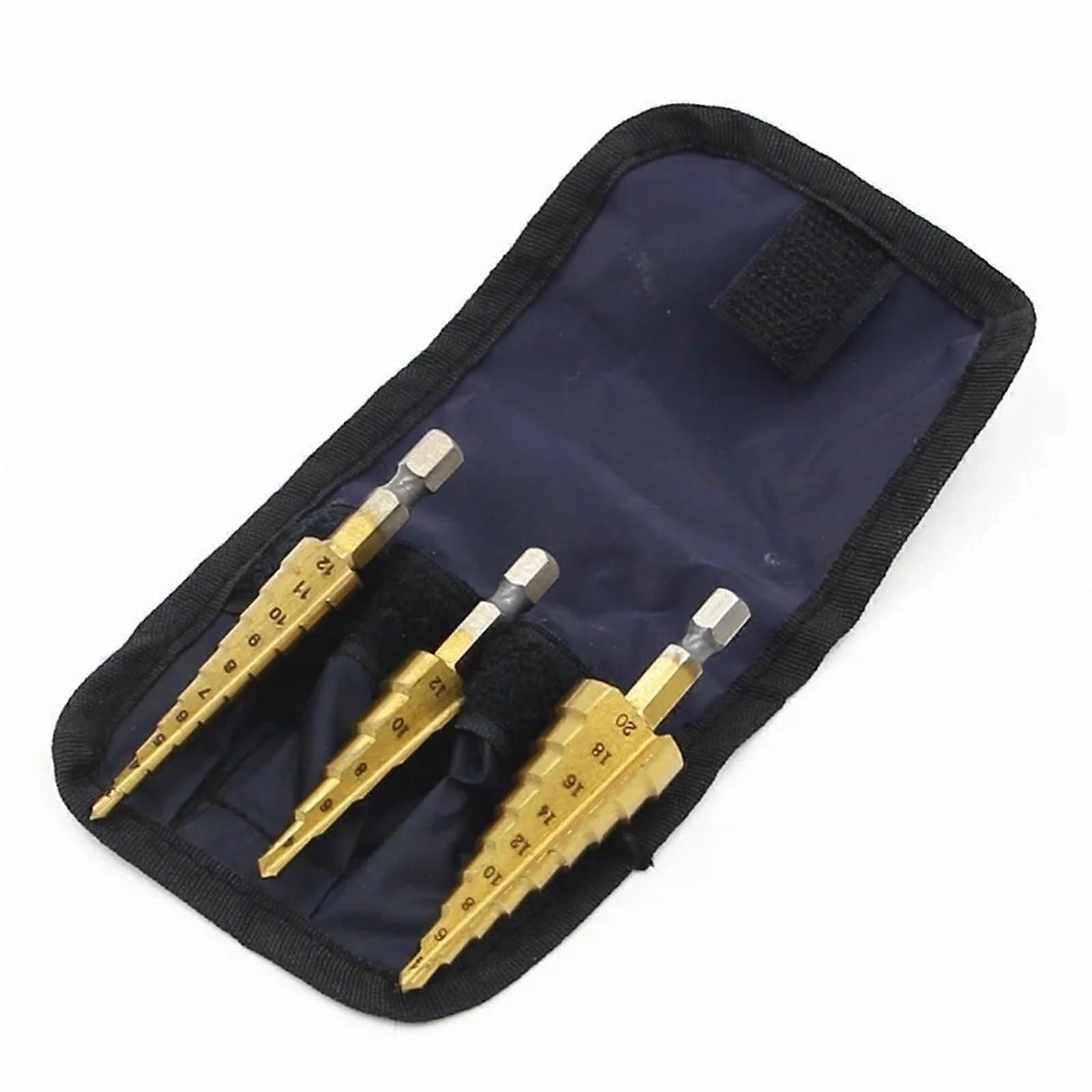 3pc Hss Step Cone Drill Bit Set 4-12/20/32mm Ti Coated Hex Hole Cutter for Metal Milling Tools