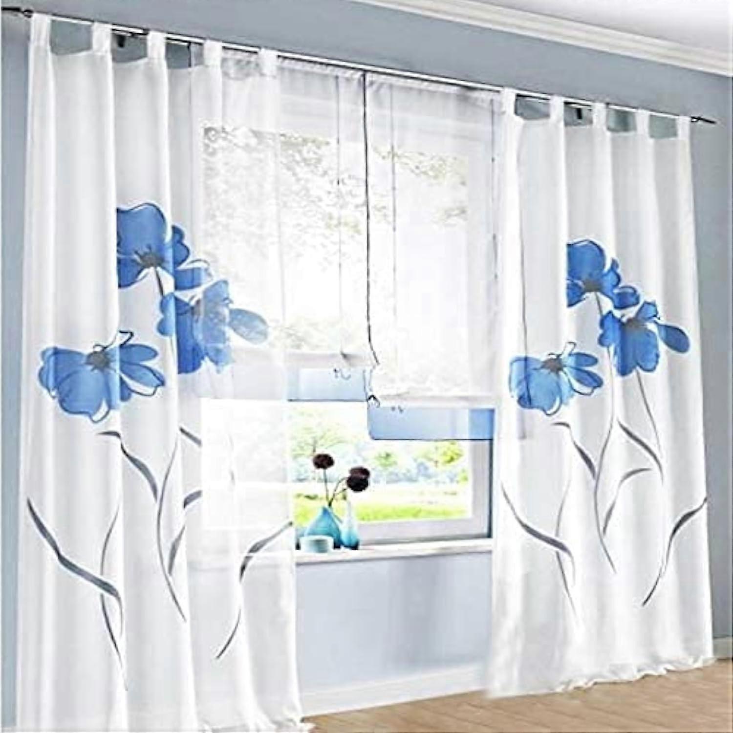 2 Panel Net Curtains Transparent Window Sheer Voile Floral Patterned Blue Ref: 1896