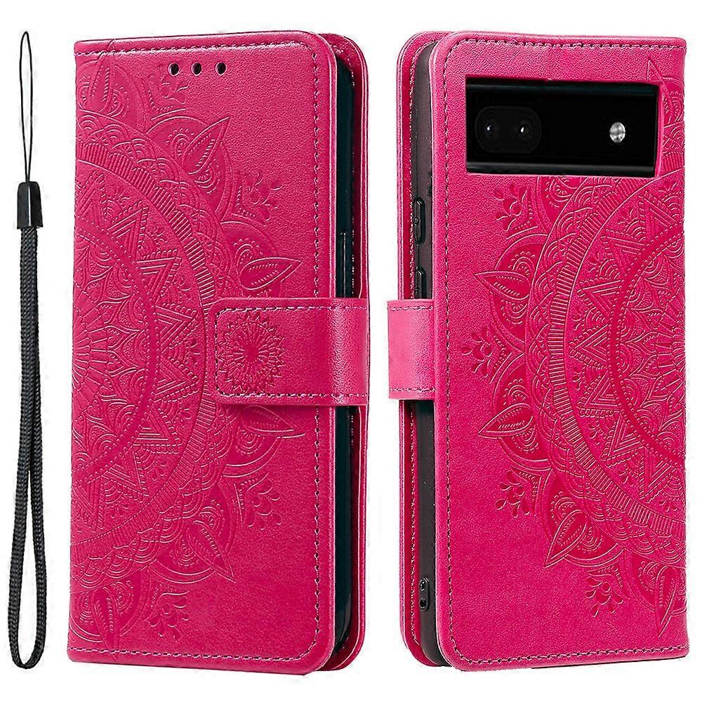 For Google Pixel 8a Case Mandala Flower Imprinted Leather Cover with Strap - Rose