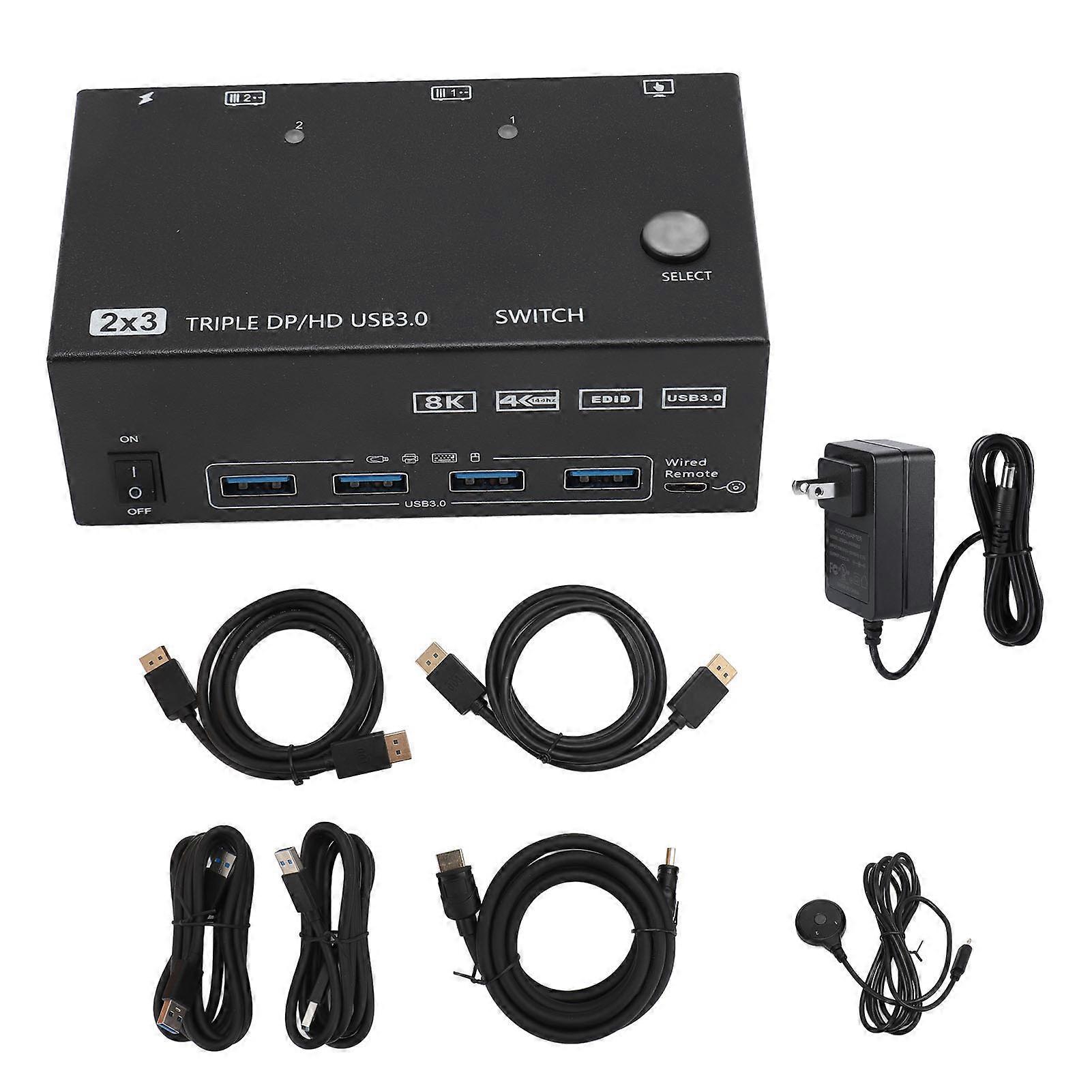 USB 3.0 KVM Switch 2 Computers 3 Displays 8K 30Hz 4K 144Hz EDID Simulator US Plug